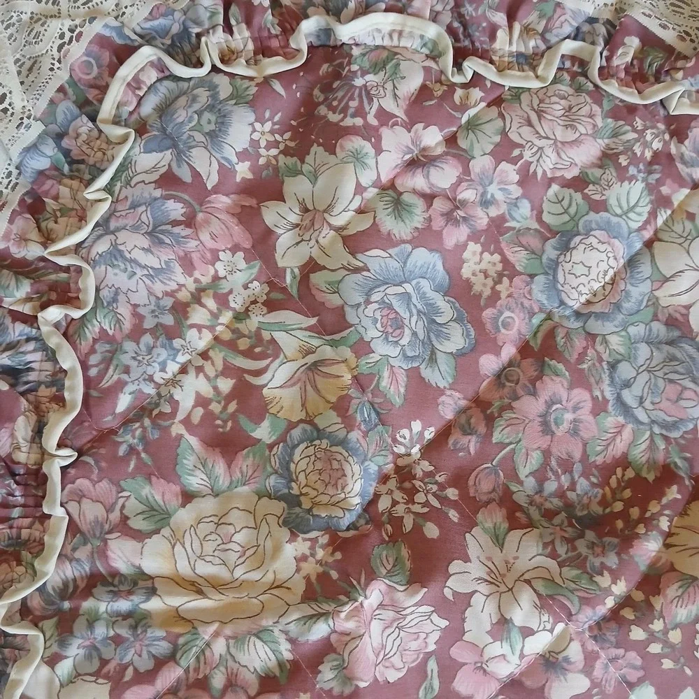 Vtg JC Penney Pillow Sham Pink Floral Eyelet Lace Trim Ruffle Mauve Alyssa NOS